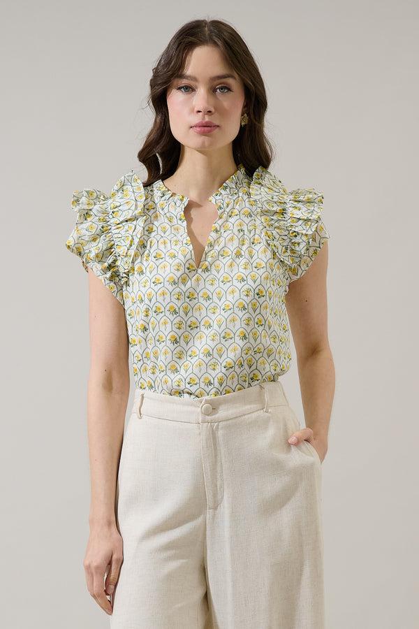 sugarlips Trinny Floral Ramona Ruffle Split Neck Top