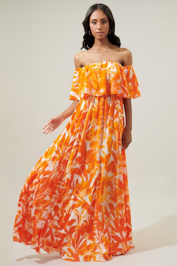 Sugarlips Tropical Dreamsicle Enamored Off The Shoulder Ruffle Dress