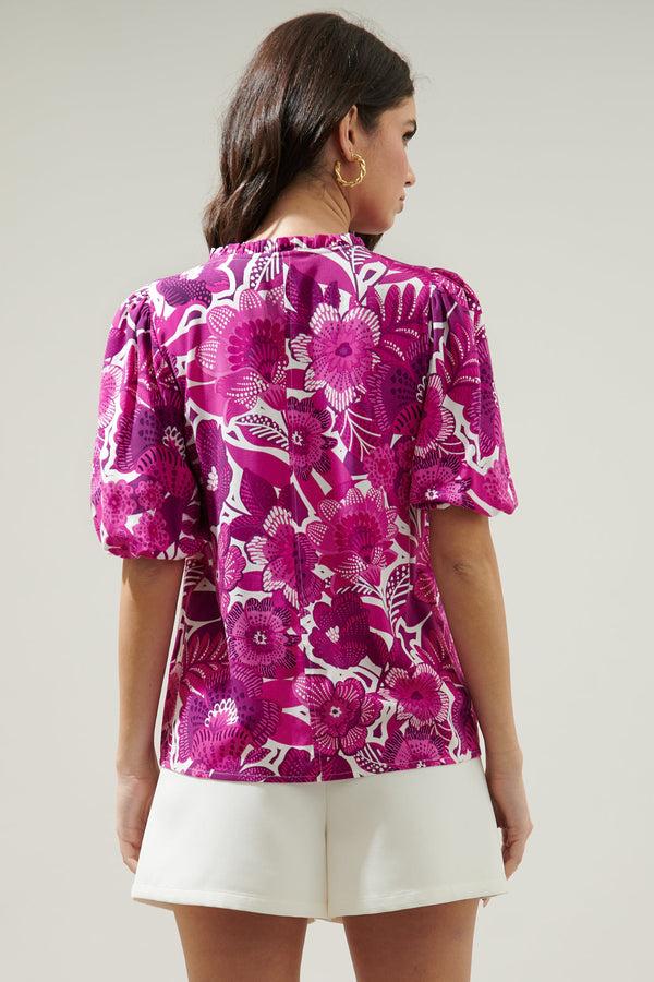 Sugarlips Tropical Orchid Bluebay Puff Sleeve Blouse