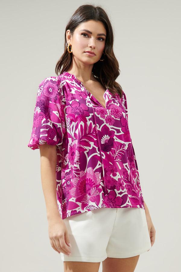 Sugarlips Tropical Orchid Bluebay Puff Sleeve Blouse