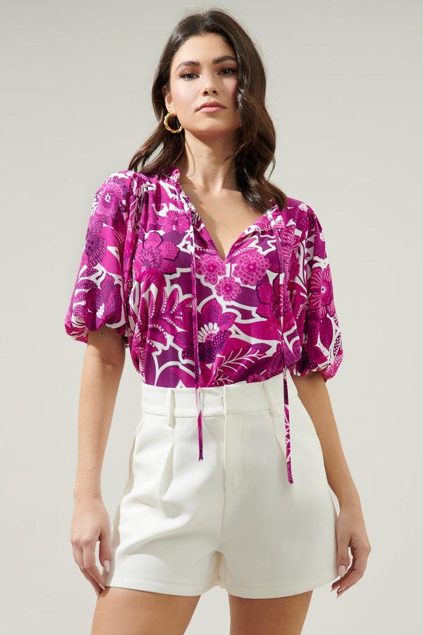 sugarlips Tropical Orchid Bluebay Puff Sleeve Blouse