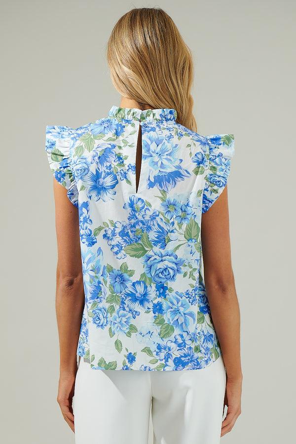 Sugarlips Truth Be Told Blue Floral Gabrielle Mock Neck Poplin Top