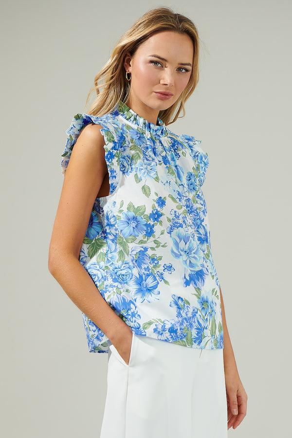 Sugarlips Truth Be Told Blue Floral Gabrielle Mock Neck Poplin Top