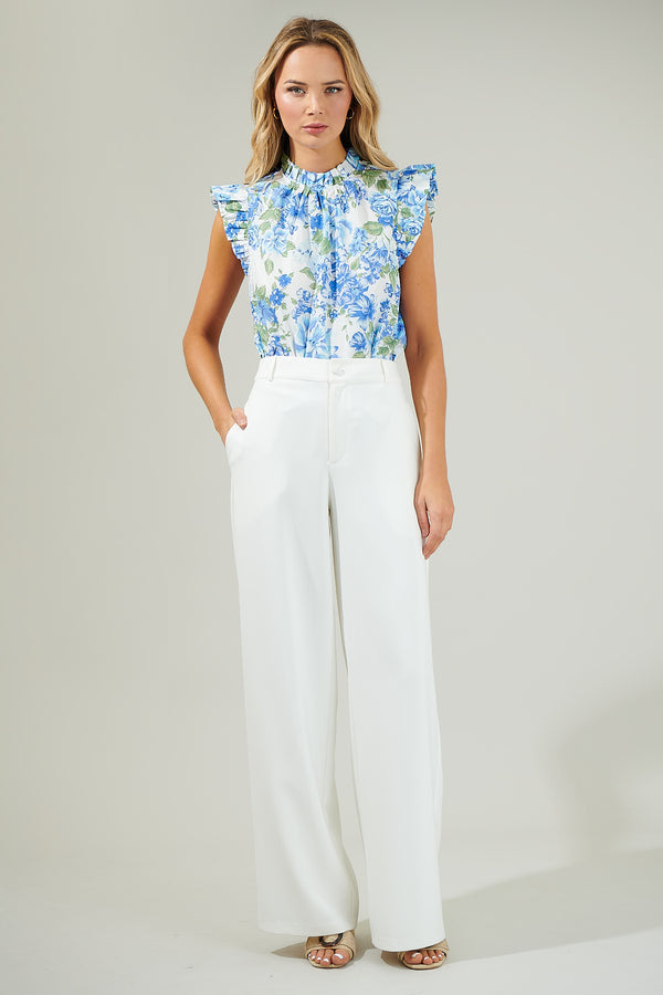Sugarlips Truth Be Told Blue Floral Gabrielle Mock Neck Poplin Top