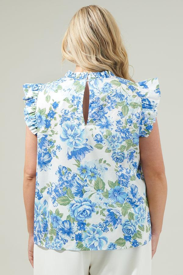 Sugarlips Truth Be Told Blue Floral Gabrielle Mock Neck Poplin Top Curve