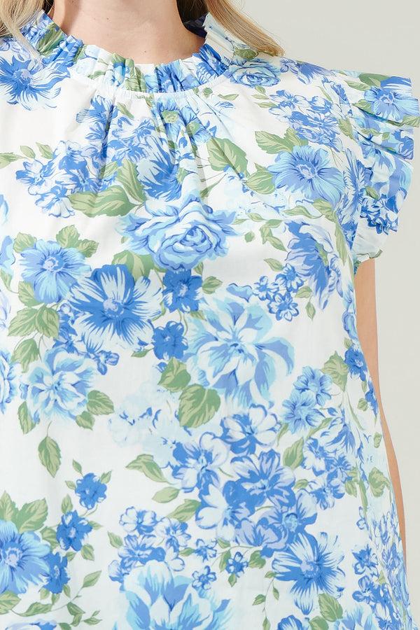 Sugarlips Truth Be Told Blue Floral Gabrielle Mock Neck Poplin Top Curve