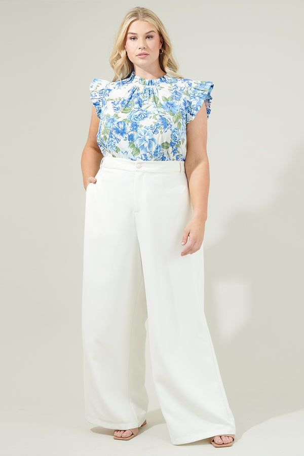 Sugarlips Truth Be Told Blue Floral Gabrielle Mock Neck Poplin Top Curve