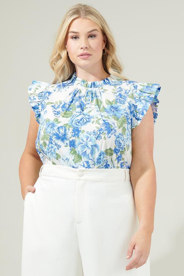 sugarlips Truth Be Told Blue Floral Gabrielle Mock Neck Poplin Top Curve