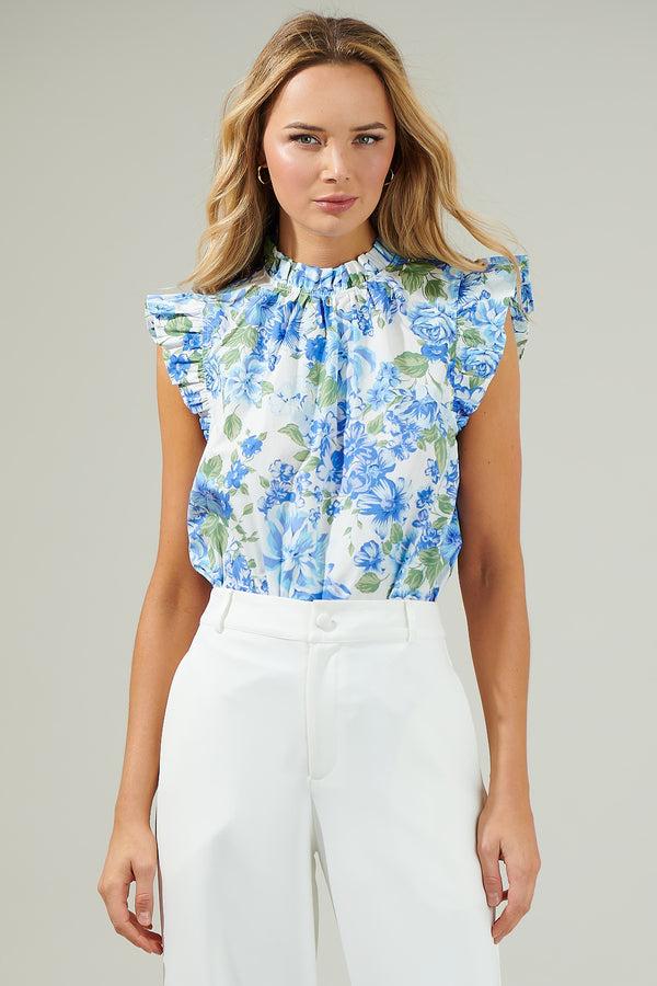 sugarlips Truth Be Told Blue Floral Gabrielle Mock Neck Poplin Top