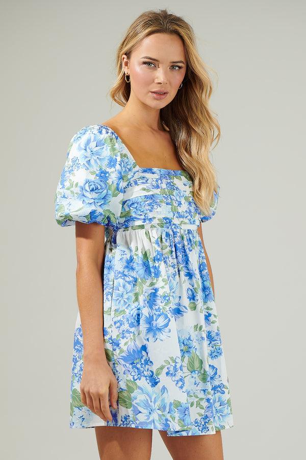 Sugarlips Truth Be Told Blue Floral Pleated Mini Dress