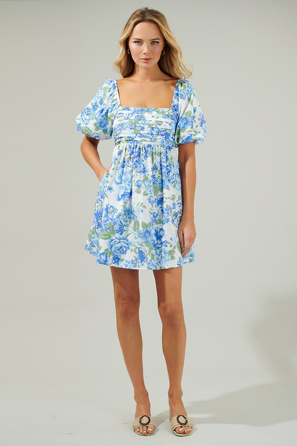 Sugarlips Truth Be Told Blue Floral Pleated Mini Dress