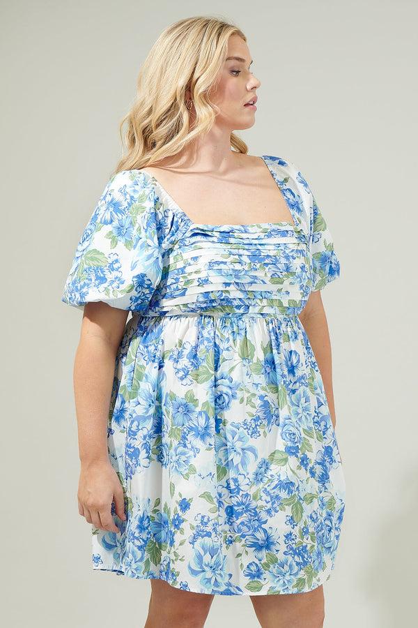Sugarlips Truth Be Told Blue Floral Pleated Mini Dress Curve