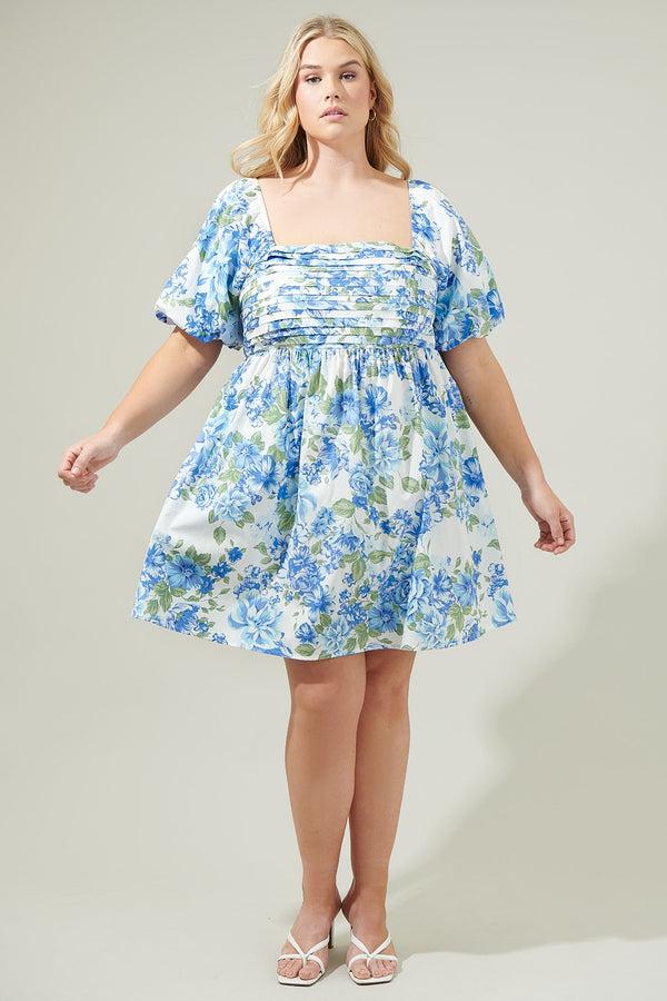 Sugarlips Truth Be Told Blue Floral Pleated Mini Dress Curve