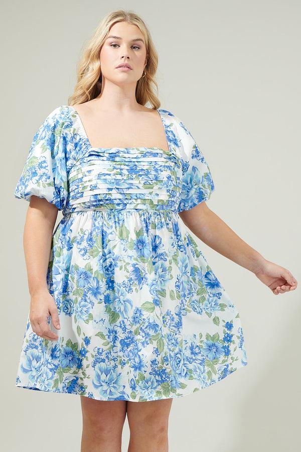 sugarlips Truth Be Told Blue Floral Pleated Mini Dress Curve