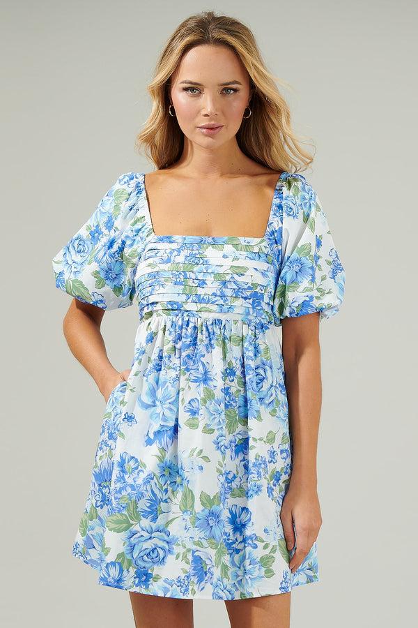 sugarlips Truth Be Told Blue Floral Pleated Mini Dress