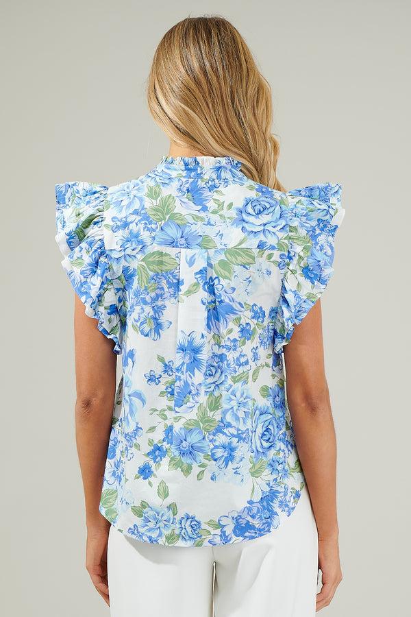 Sugarlips Truth Be Told Blue Floral Sleeveless Ruffle Top