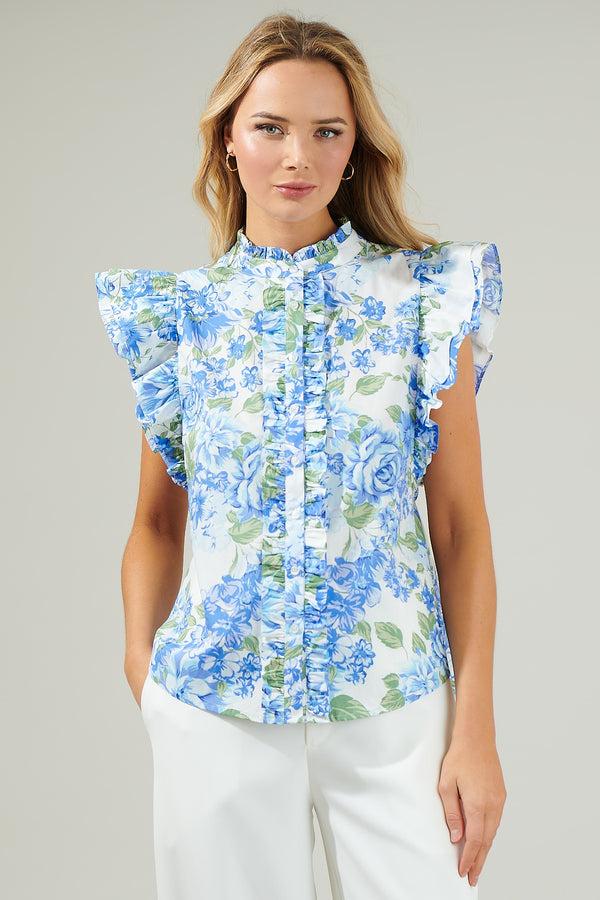 Sugarlips Truth Be Told Blue Floral Sleeveless Ruffle Top