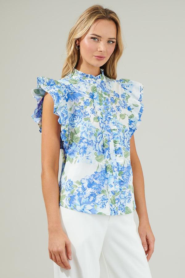 Sugarlips Truth Be Told Blue Floral Sleeveless Ruffle Top