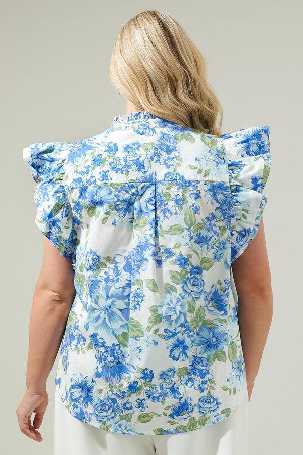 Sugarlips Truth Be Told Blue Floral Sleeveless Ruffle Top Curve