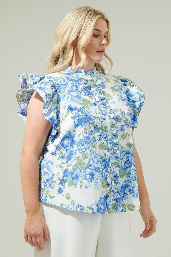 Sugarlips Truth Be Told Blue Floral Sleeveless Ruffle Top Curve