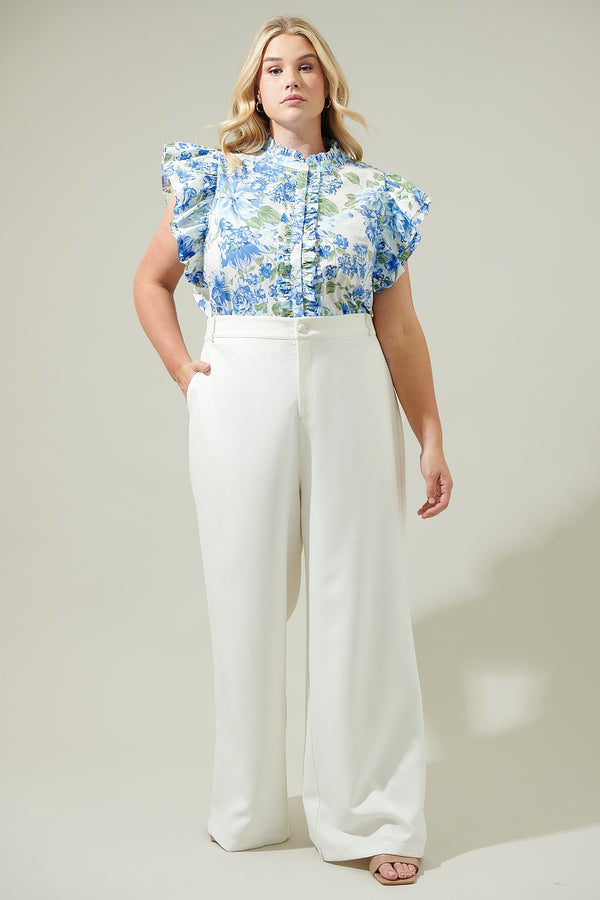 Sugarlips Truth Be Told Blue Floral Sleeveless Ruffle Top Curve