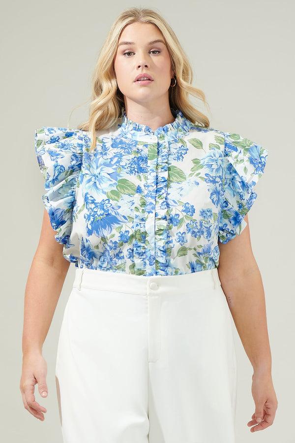 sugarlips Truth Be Told Blue Floral Sleeveless Ruffle Top Curve