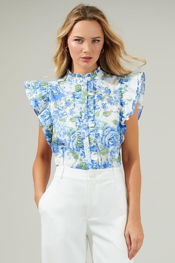 sugarlips Truth Be Told Blue Floral Sleeveless Ruffle Top