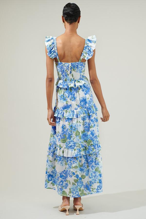 Sugarlips Truth Be Told Blue Floral Tiered Maxi Dress
