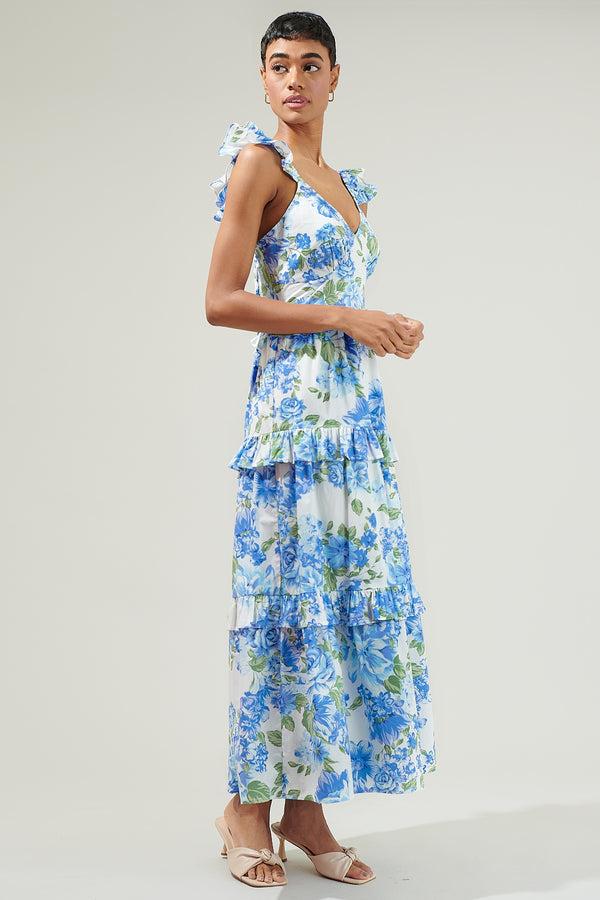 Sugarlips Truth Be Told Blue Floral Tiered Maxi Dress