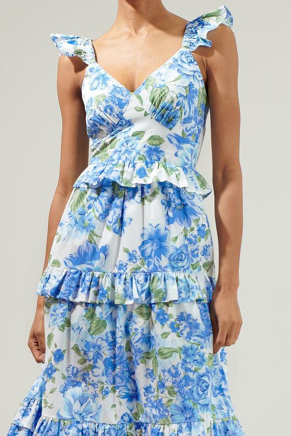 Sugarlips Truth Be Told Blue Floral Tiered Maxi Dress