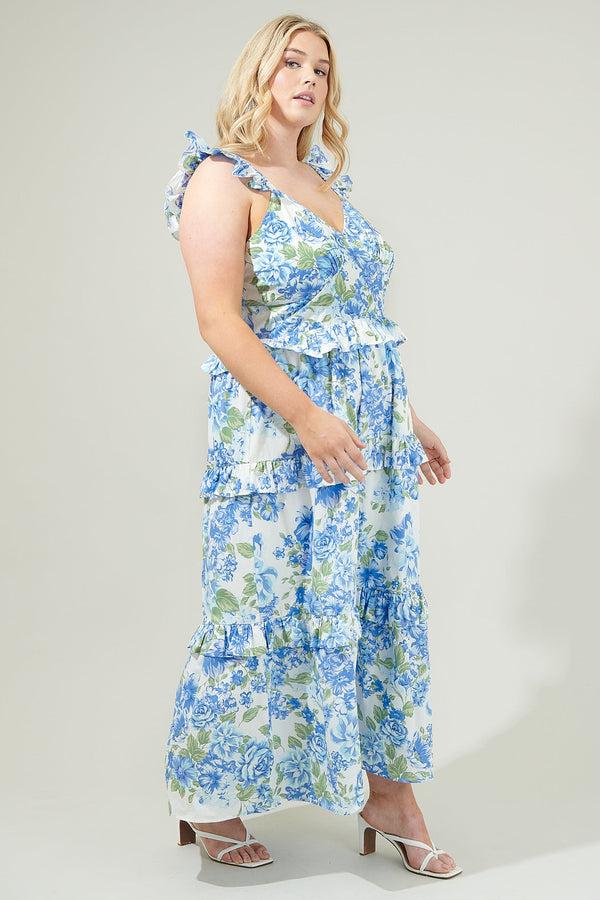 Sugarlips Truth Be Told Blue Floral Tiered Maxi Dress Curve