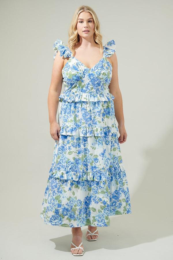 sugarlips Truth Be Told Blue Floral Tiered Maxi Dress Curve