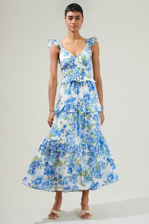 sugarlips Truth Be Told Blue Floral Tiered Maxi Dress