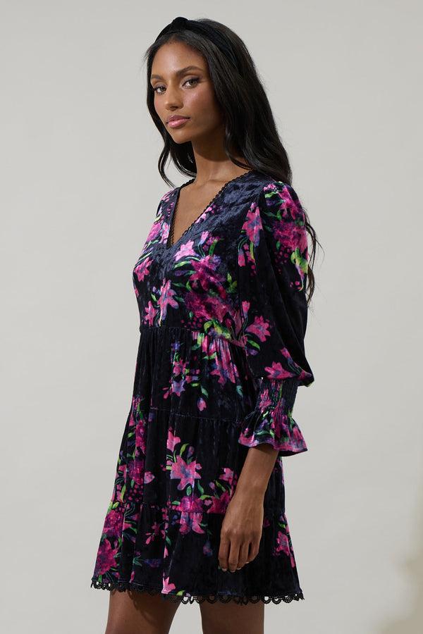 Sugarlips Tulda Floral Amari Velvet Tiered Mini Dress