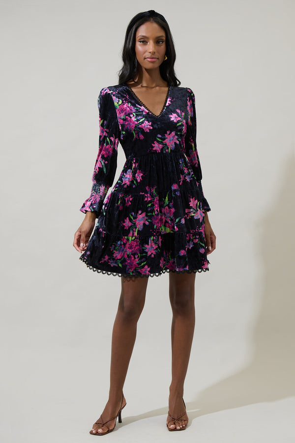 Sugarlips Tulda Floral Amari Velvet Tiered Mini Dress
