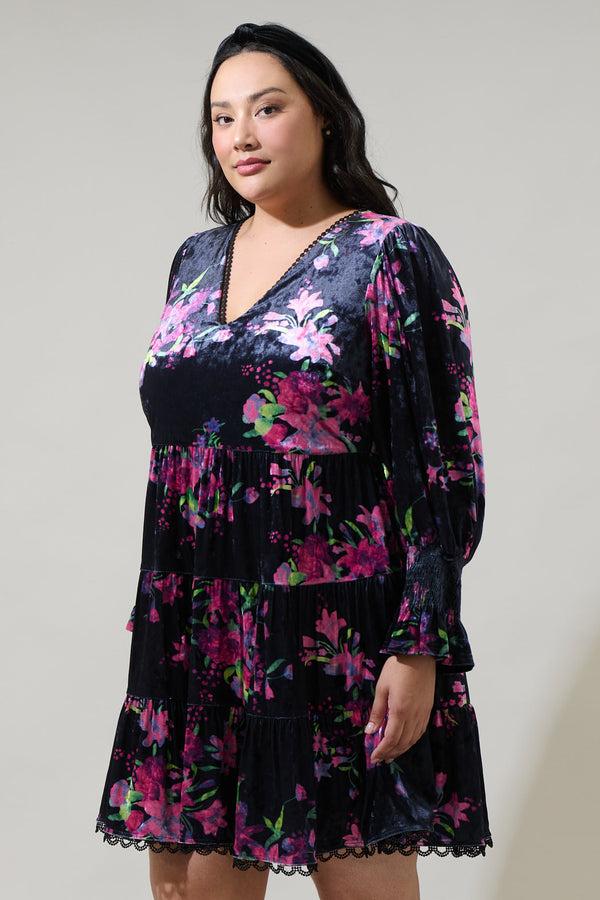 Sugarlips Tulda Floral Amari Velvet Tiered Mini Dress Curve