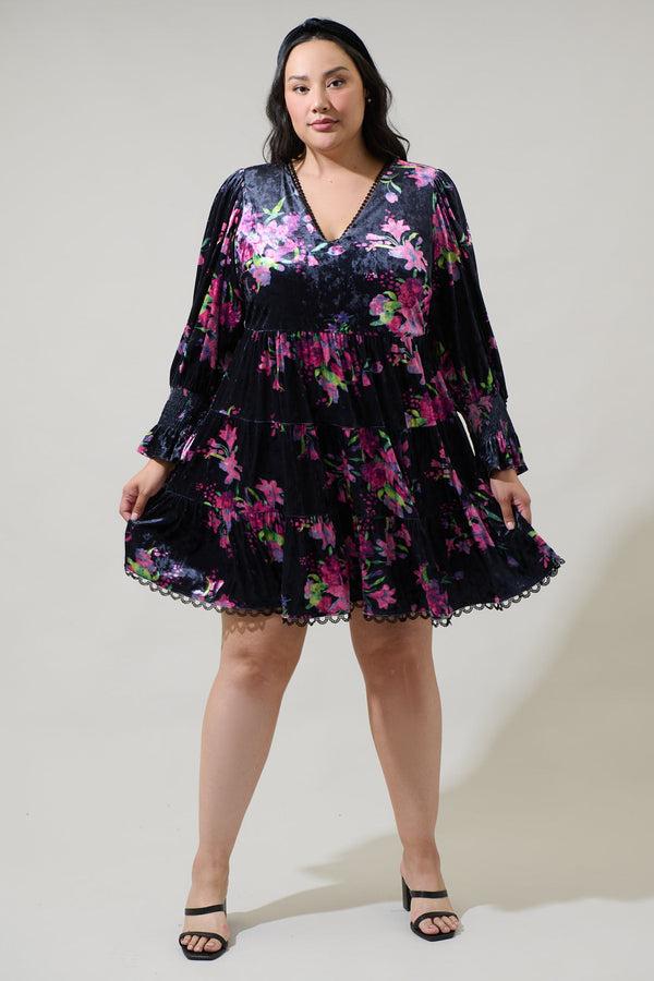 Sugarlips Tulda Floral Amari Velvet Tiered Mini Dress Curve