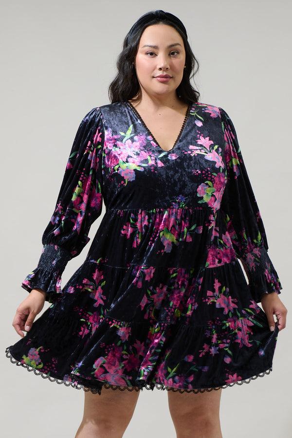 sugarlips Tulda Floral Amari Velvet Tiered Mini Dress Curve