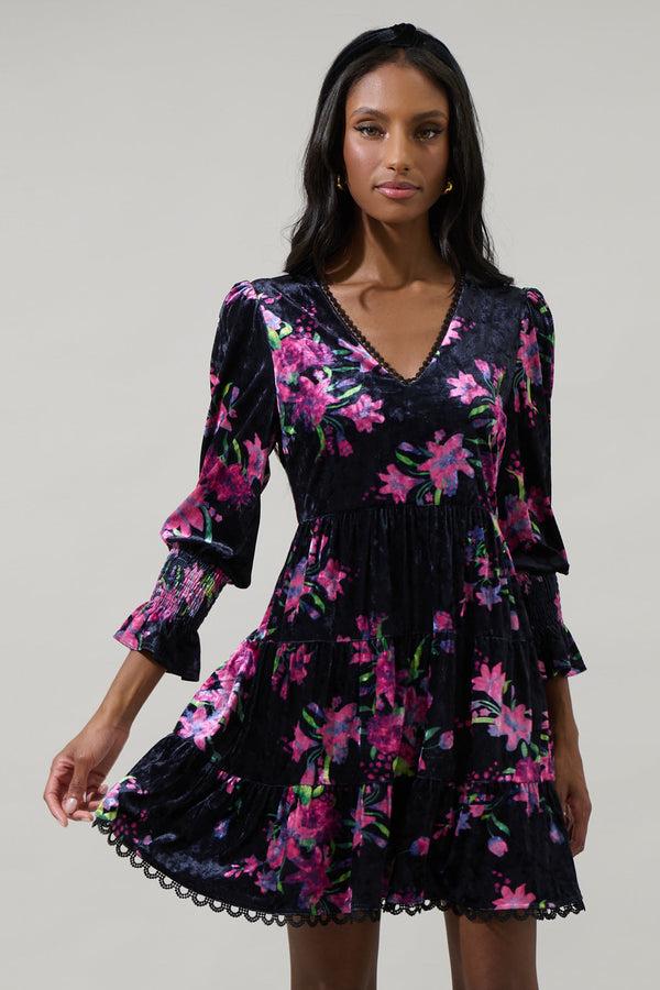 sugarlips Tulda Floral Amari Velvet Tiered Mini Dress
