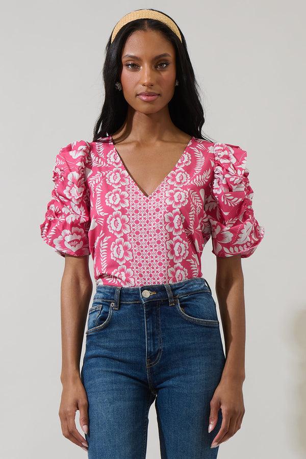 sugarlips Valen Floral Chancellor Ruched Sleeve Blouse