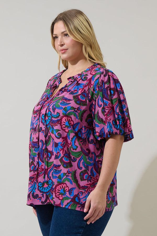 Sugarlips Valier Floral Bluebay Puff Sleeve Blouse Curve