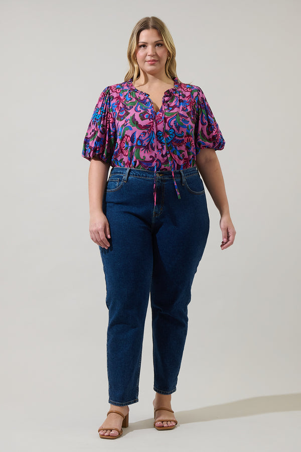 Sugarlips Valier Floral Bluebay Puff Sleeve Blouse Curve