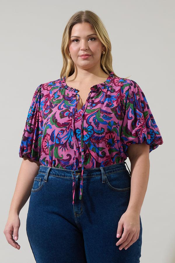 sugarlips Valier Floral Bluebay Puff Sleeve Blouse Curve