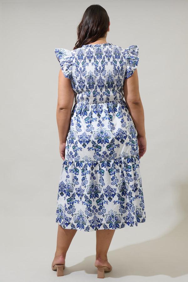 Sugarlips Viara Floral Giza Glare Smock Tiered Midi Dress Curve
