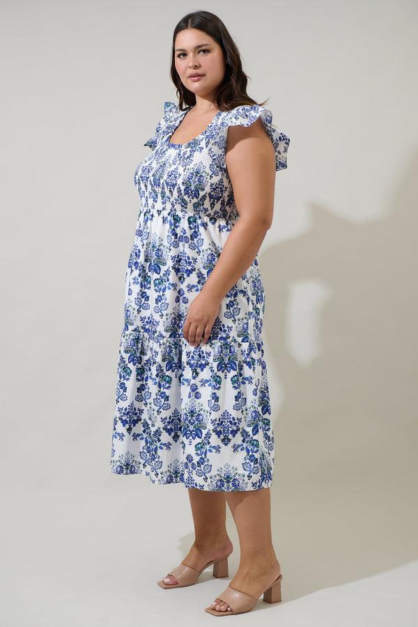 Sugarlips Viara Floral Giza Glare Smock Tiered Midi Dress Curve