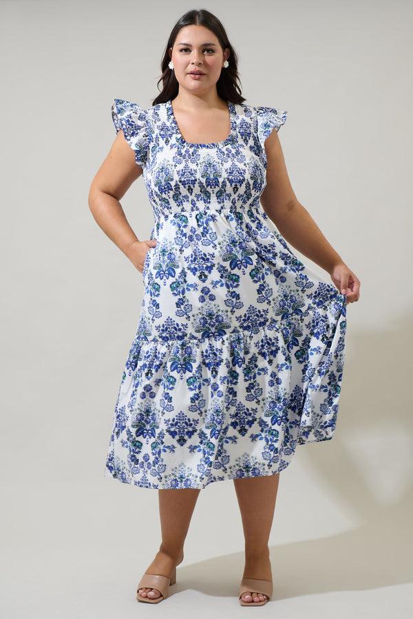 sugarlips Viara Floral Giza Glare Smock Tiered Midi Dress Curve