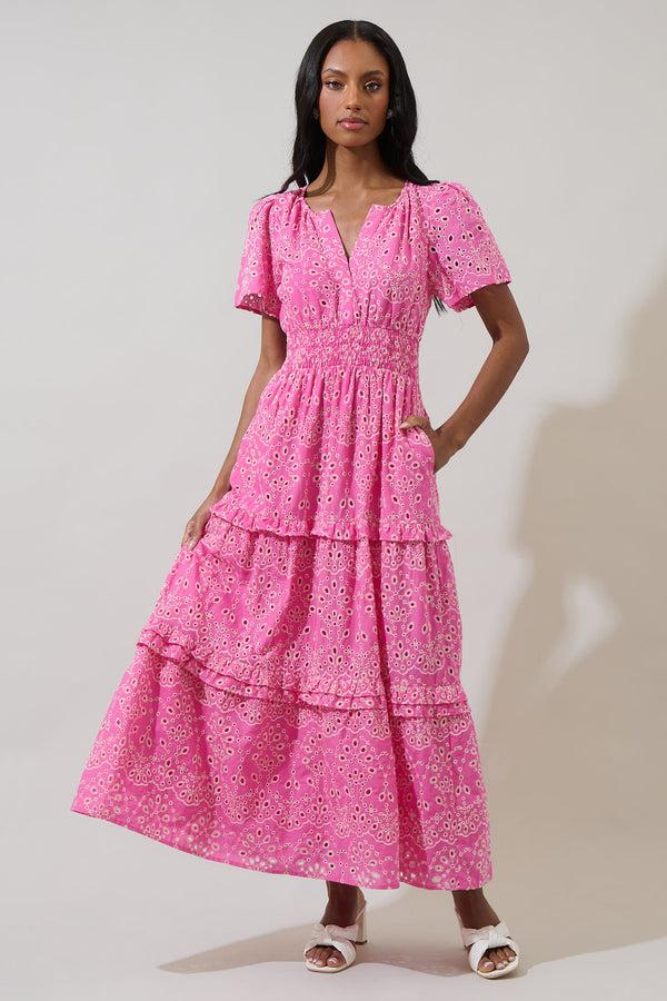 Sugarlips Viridiana Floral Eyelet Palmer Poplin Tiered Maxi Dress