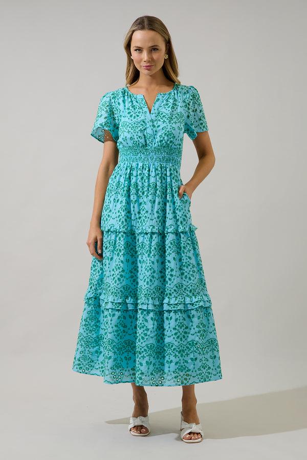 sugarlips Viridiana Floral Eyelet Palmer Poplin Tiered Maxi Dress