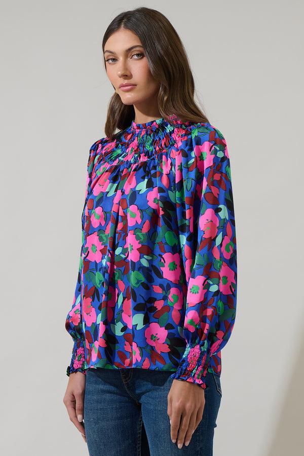 Sugarlips Vivi Berry Floral Bonsoir Smocked Raglan Sleeve Blouse