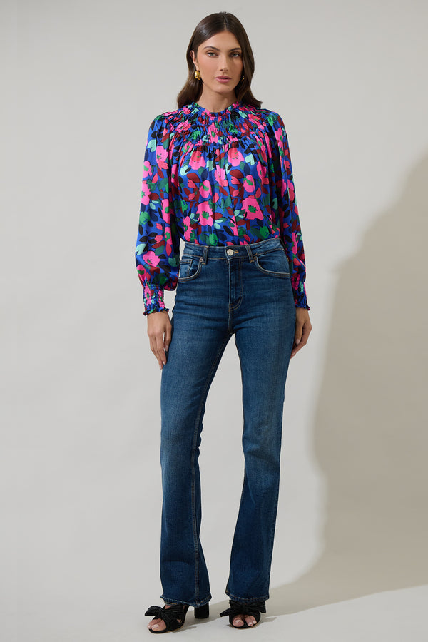 Sugarlips Vivi Berry Floral Bonsoir Smocked Raglan Sleeve Blouse
